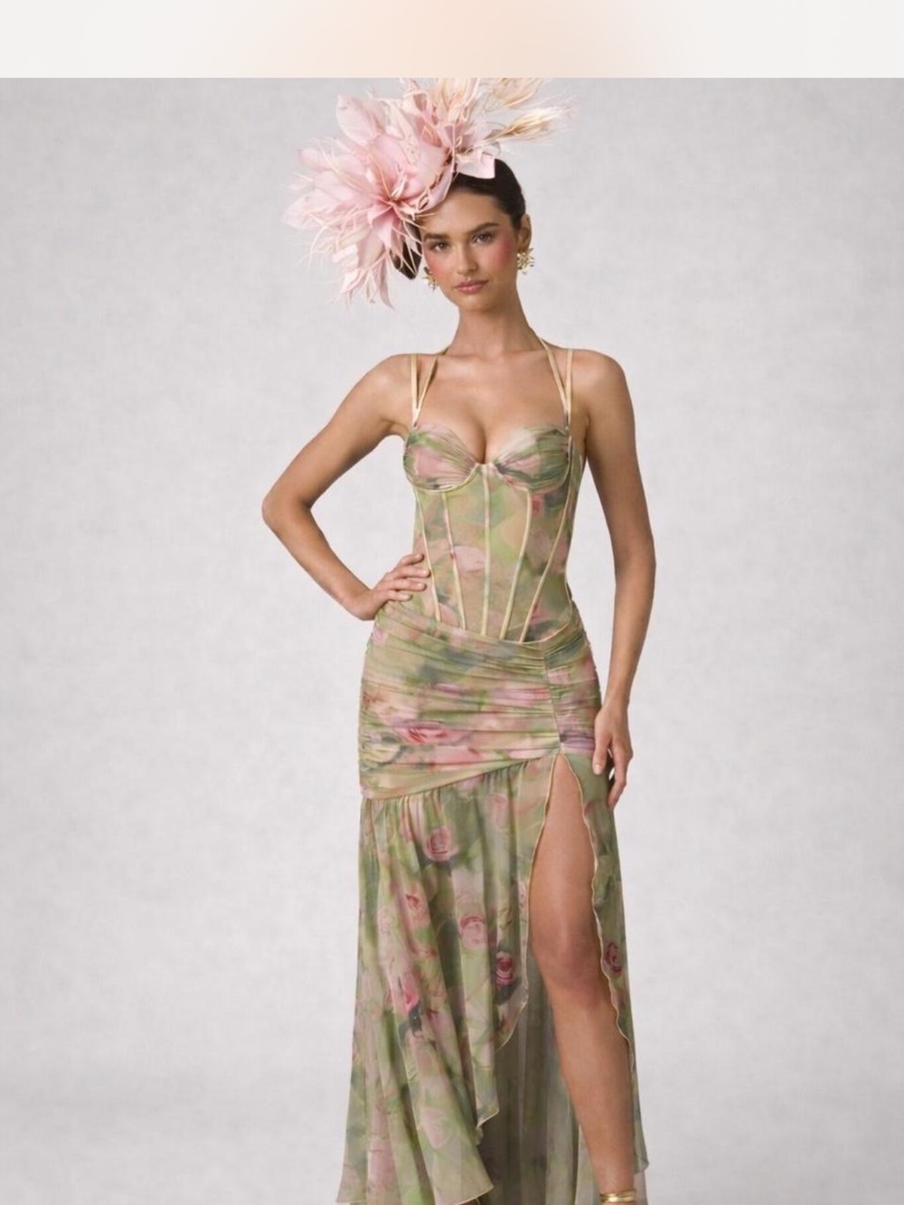 Oh Polly Green and Pink Floral Mesh Corset Maxi Dress - Picture 5 of 6